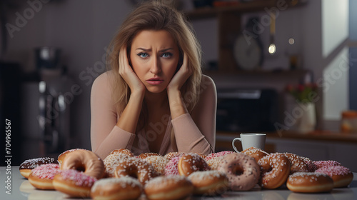 Dilemma Over Donuts  Woman contemplates a table full of donuts  her expression a mix of desire and concern  capturing a relatable moment of temptation