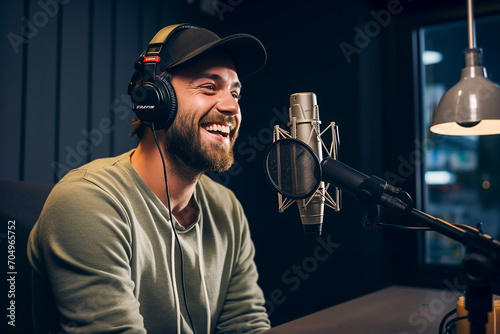 Smiling young man talking into microphone during podcast in studio