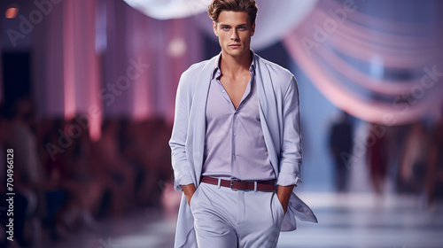 Model on Fashion Runway,  Confident male model struts down the fashion runway in a stylish white suit, epitomizing contemporary fashion and poise. photo