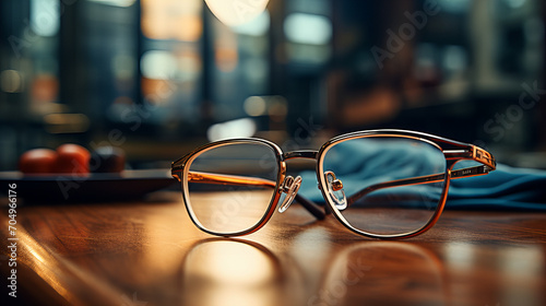 stylish pair of eyeglasses resting on a wooden table in a cozy, softly lit indoor setting. The reflection of warm lights in the lenses adds a sense of elegance and sophistication