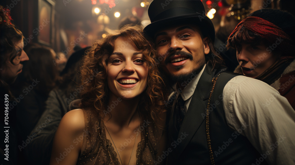 Vintage Style New Year's Party - Romantic Couple Embracing, Retro Film Aesthetic - AI Generated