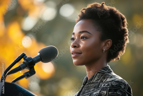 Murais de parede African American confident adult woman speaker speaking at podium outdoors