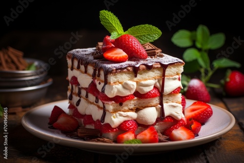 Variation of tiramisu dessert with mint, strawberry and chocolate topping