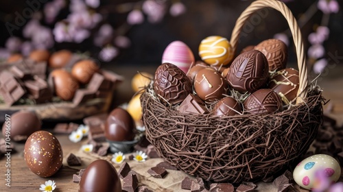 Chocolate easter eggs in the woven basket. Holidays decorations. photo