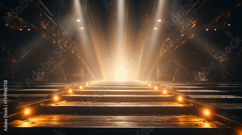 Glowing Stage Lights on Empty Stairs, dramatic stage setting with luminous beams shining down an unoccupied staircase, creating an atmosphere of anticipation and grandeur.