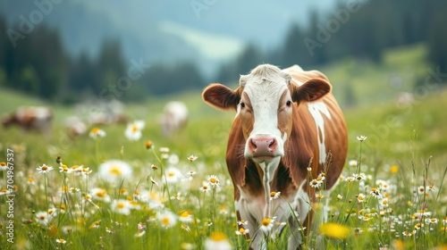 Cute white brown milky cow eat grass at meadow with flowers. Cattle grazing at farm pasture. Agriculture animal. Beautiful rural nature. Green field. Meat production industry. Happy pet. Vegan concept