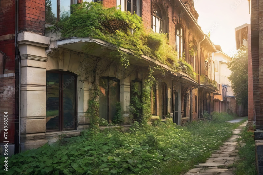 Nature reclaims ruins. Old buildings embraced by nature's beauty. Stunning mix of decay and natural growth in urban landscapes.