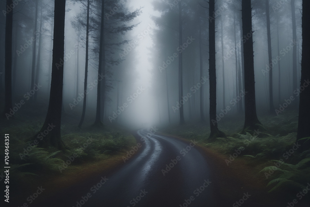 Obraz premium View of a dark foggy sad forest landscape with a road running through it in the center reaching to the horizon