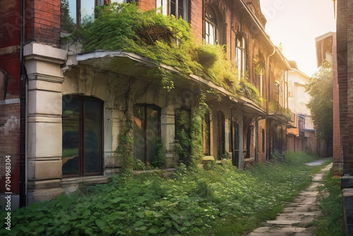 Nature reclaims ruins. Old buildings embraced by nature's beauty. Stunning mix of decay and natural growth in urban landscapes.