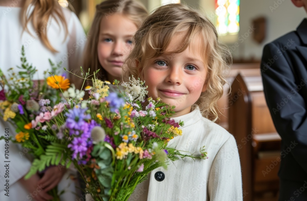 Girl with bouquet in beautiful Easter outfits.