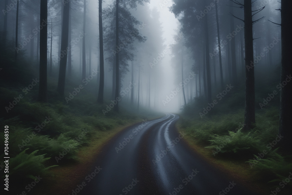 View of a dark foggy sad forest landscape with a road running through it in the center reaching to the horizon View of a dark foggy sad forest landscape with a road running through it in the center reaching to the horizon