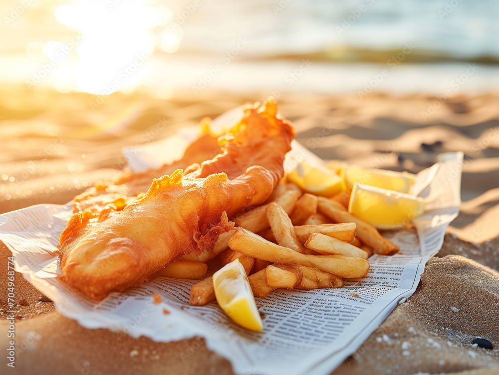 Delicious fish and chips takeaway meal in sunlight on the beach. The