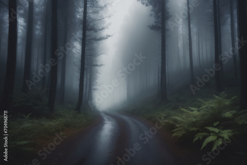 View of a dark foggy sad forest landscape with a road running through it in the center reaching to the horizon