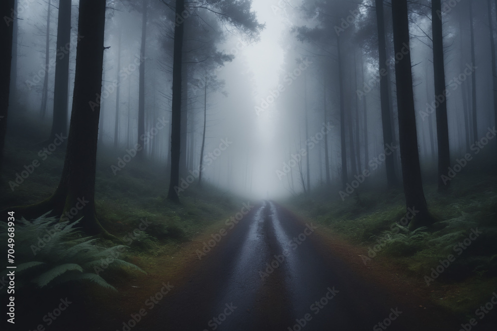 Fototapeta premium View of a dark foggy sad forest landscape with a road running through it in the center reaching to the horizon