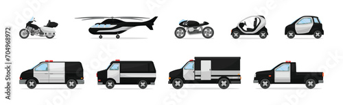 Police Patrol Vehicle with Truck and Helicopter Vector Set