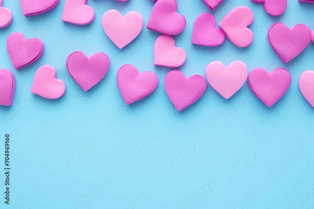 Pink paper hearts on a pastel blue background. Happy Valentine's Day