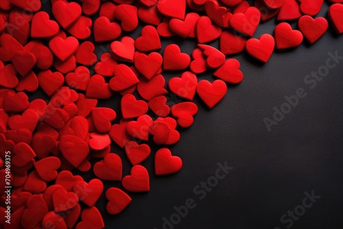 Red hearts on a black background for Happy Valentine's Day top view with copy space for text.