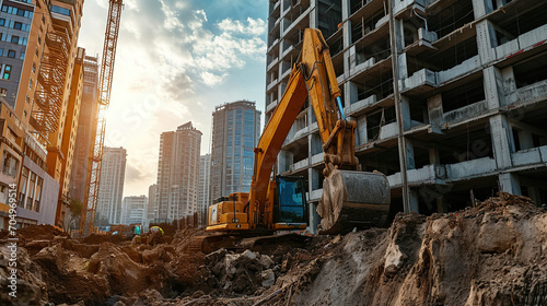 Excavator at a construction site. Construction work is in full swing.