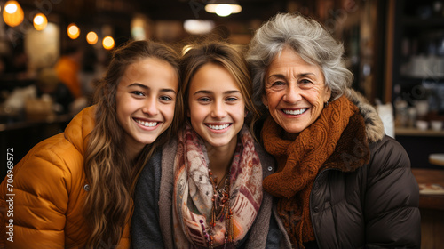 Portrait of two teenage sisters with their grandmother in a restaurant. Granddaughters. Photo of happy family. Family love. Family ties. Concept of love, affection, advice, stories, bonds, hugs. photo