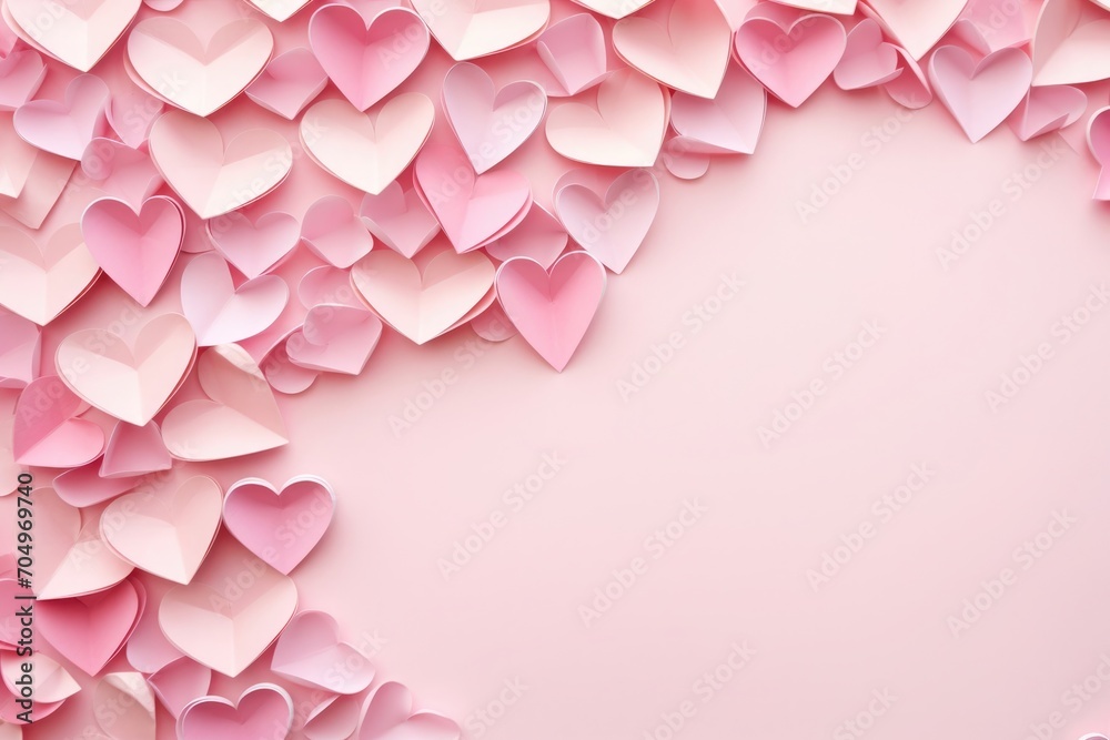 Pink hearts on a monocolor pastel background. Happy Valentine's Day top view greeting card