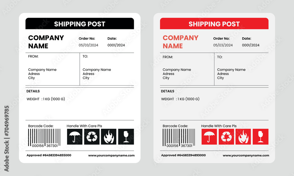 Barcode Label Delivery Template, Cargo Icons, Fragile, Recycle, Stickers. Shipping label barcode template vector