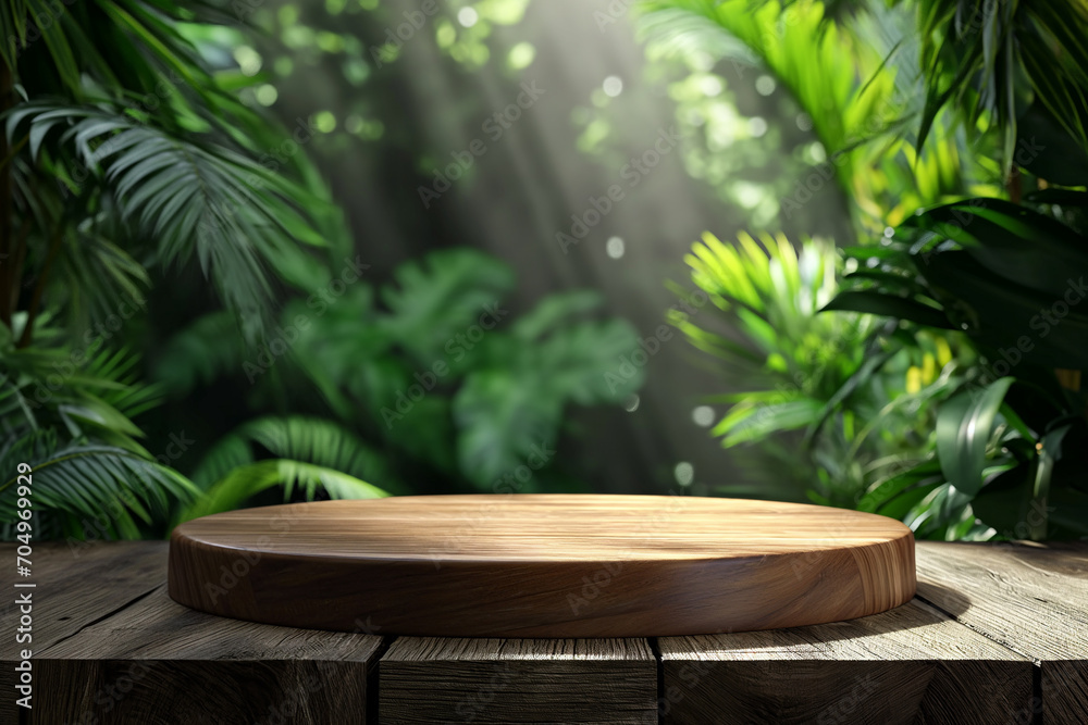 Elevated Wooden Podium in Lush Tropical Forest for Product Display
