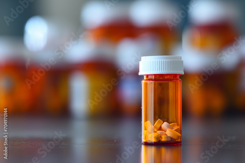 Prescription Medication Bottle Focused with Blurred Pharmacy Bottles in Background