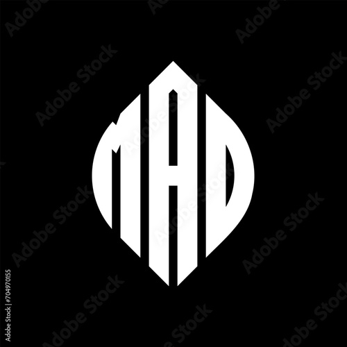 MAD circle letter logo design with circle and ellipse shape. MAD ellipse letters with typographic style. The three initials form a circle logo. MAD circle emblem abstract monogram letter mark vector.