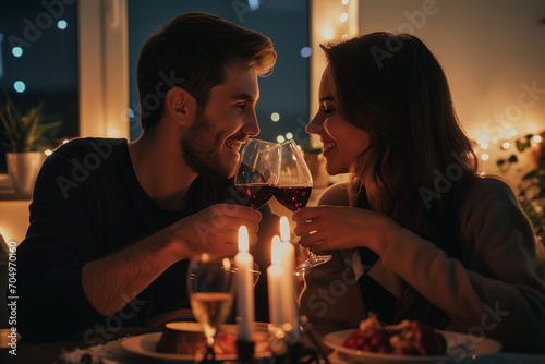 Beautiful passionate couple having a romantic candlelight dinner at home, drinking wine, toasting, embracing