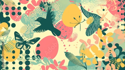 Colorful Easter eggs and birds background. Seamless pattern