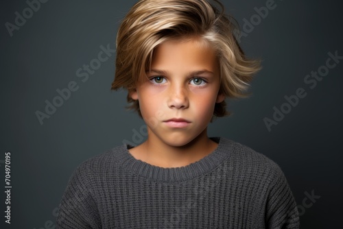 Portrait of a cute little boy with blond hair on dark background