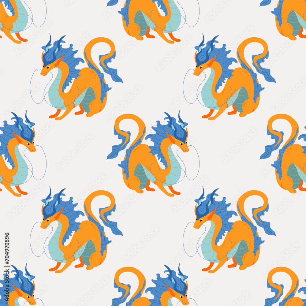 Seamless pattern with Chinese dragon. Hand drawn cartoon for decor. Zodiac symbol of Chinese New Year 2024. Dragons for asian holiday template. Vector illustration on isolated background