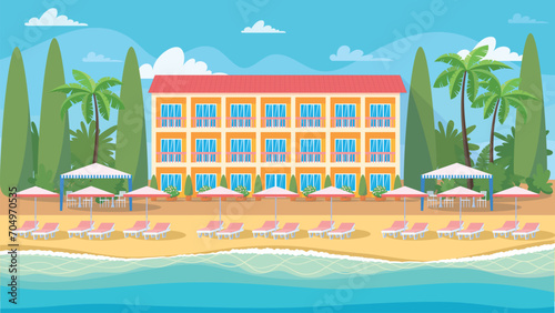 Summer landscape, hotel on the seashore, tropical plants, palm trees, beach with chaise-longue and umbrellas. Resort, sanatorium, beach vacation, relaxation. Vector illustration, background, banner