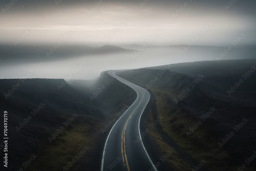 View of a dark foggy sad landscape with a road running through it in the center reaching to the horizon