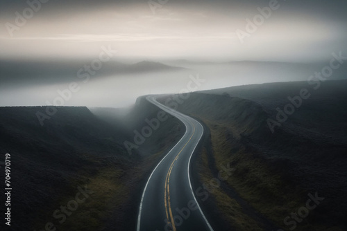 View of a dark foggy sad landscape with a road running through it in the center reaching to the horizon © Giuseppe Cammino