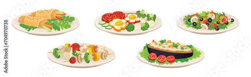 Different Food and Meal Served on Plate Vector Set
