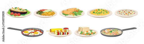 Different Food and Meal Served on Plate Vector Set