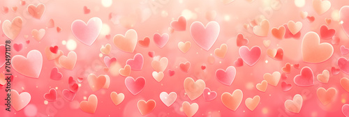 Valentine's Day banner. Beautiful background with pink and peach fuzz hearts, lights, sparkles and bokeh header.