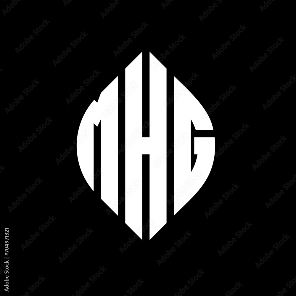 MHG circle letter logo design with circle and ellipse shape. MHG ellipse letters with typographic style. The three initials form a circle logo. MHG circle emblem abstract monogram letter mark vector.