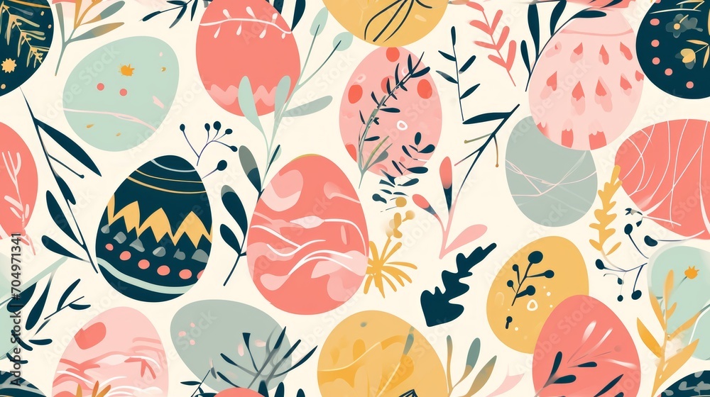 Colorful Easter eggs and flowers background. Seamless pattern