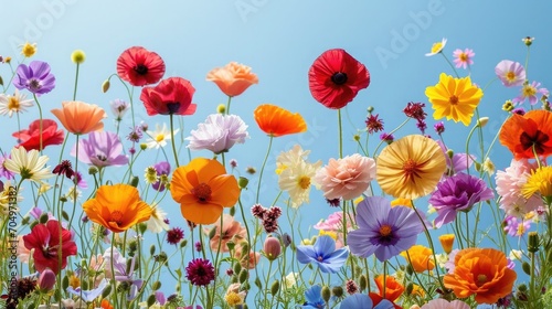 A vibrant array of assorted beauty of wildflowers in a random pattern against a clear, light blue sky background. light and airy composition, capturing the essence of spring or summer © Татьяна Креминская