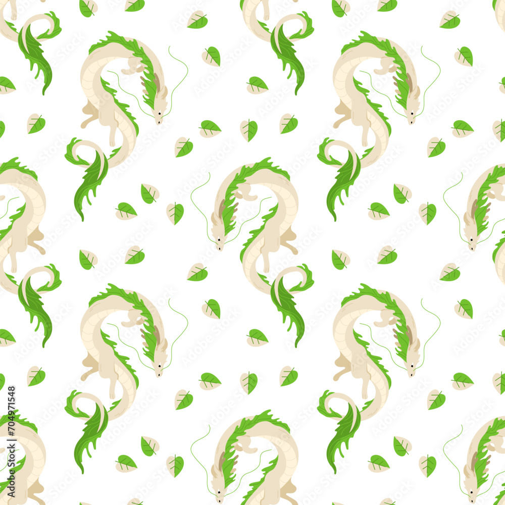 Seamless pattern with green Chinese dragons and leaves. Bright cartoon ornament. Symbol of Chinese New Year 2024. Dragons for asian holiday template. Vector illustration on isolated background Seamless pattern with green Chinese dragons and leaves. Bright cartoon ornament. Symbol of Chinese New Year 2024. Dragons for asian holiday template. Vector illustration on isolated background