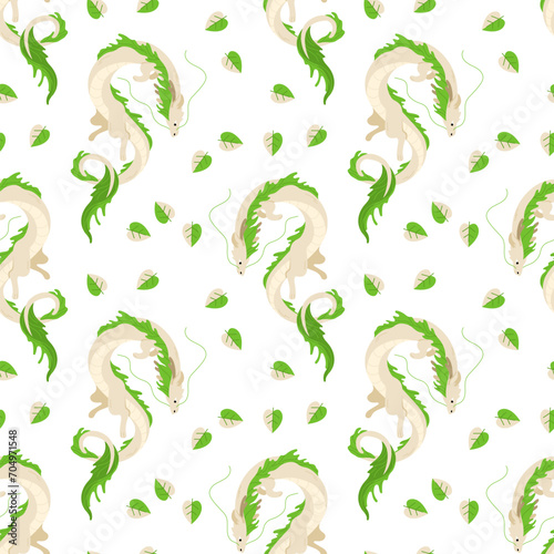 Seamless pattern with green Chinese dragons and leaves. Bright cartoon ornament. Symbol of Chinese New Year 2024. Dragons for asian holiday template. Vector illustration on isolated background