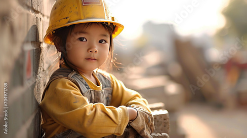 Child in a Builder costume. Plays construction.