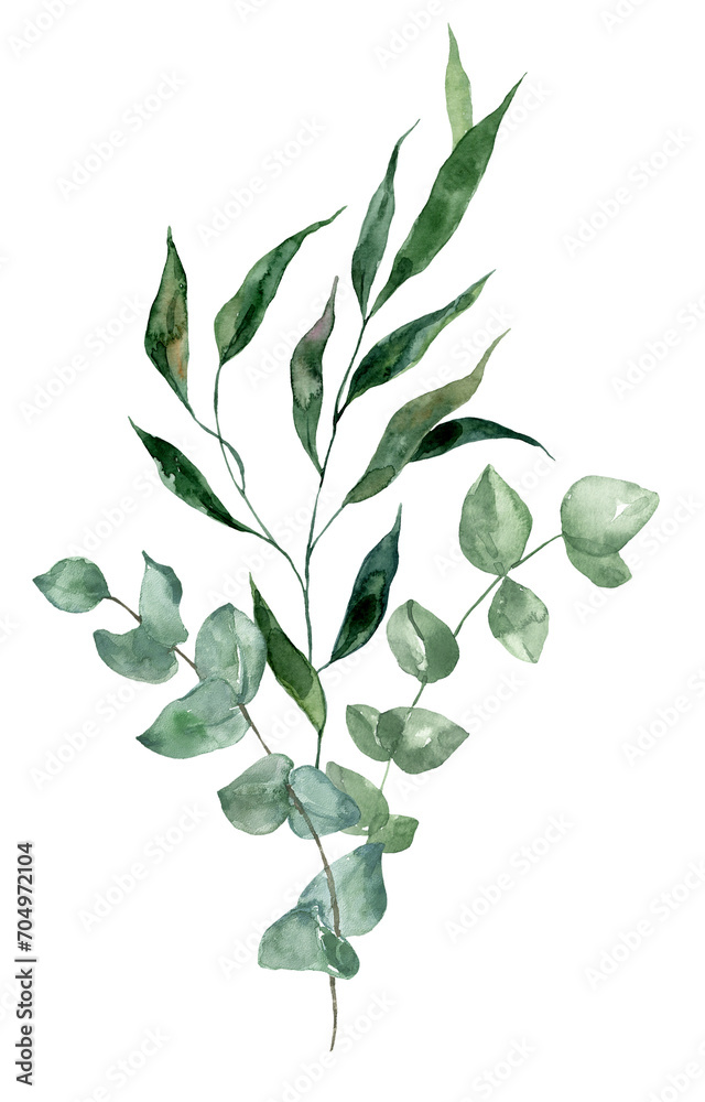 Watercolor green leaf bouquet illustration. Hand-painted branches of sage green eucalyptus and herbs, isolated PNG clipart. Beautiful floral arrangement.