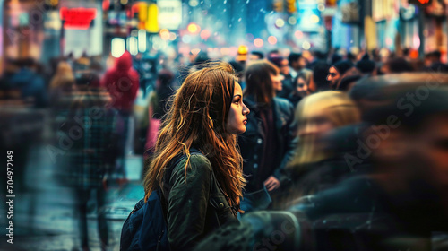 A girl among the crowd on the street.