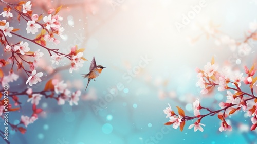 A spring banner with copy space for text. Beautiful cherry blossoms on a sunny day. Landscape panorama  nature.