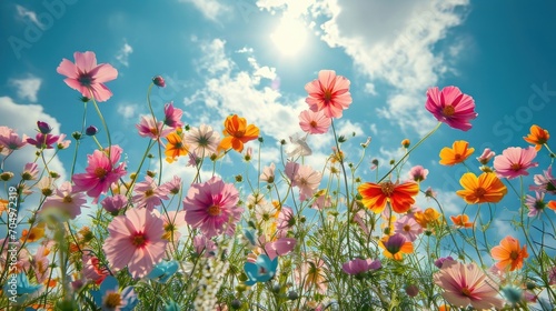 A vibrant array of assorted beauty of wildflowers in a random pattern against a clear, light blue sky background. light and airy composition, capturing the essence of spring or summer