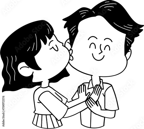 Cute valentine couple hugging and kissing cheek, coloring page outline cartoon illustration