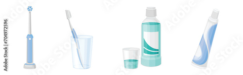 Oral Care and Dental Hygiene with Toothbrush, Mouthwash and Toothpaste Tube Vector Set